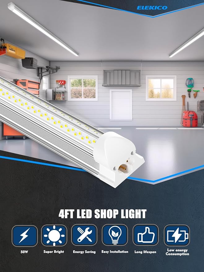 6 Pack 50w 4ft Led Shop Light, Super Bright 7500lm 5000k V Shape 4' Led Shop Lights, Linkable 4 Foot Led Shop Lights for Garage Warehouse, Supermarket, Basement, Barn, Storage Area