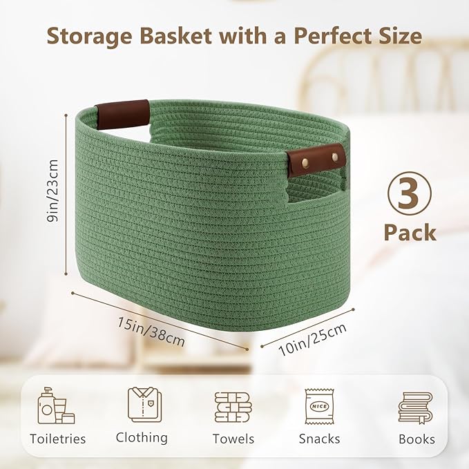 Cotton Rope Basket, Storage Baskets with Handle, 15x10x9 Inch Woven Basket for Shelves, Laundry, Towels, Clothes, Books (Green 3Pack)