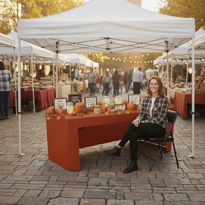 HolidayIdeas 4 Pack 3-Sided Christmas Fitted Tablecloth for 8ft Tables, Open Back Rust Table Cover for Vendor Booth Display, Craft Fair, Trade Show, Allows Seating & Easy Access Storage