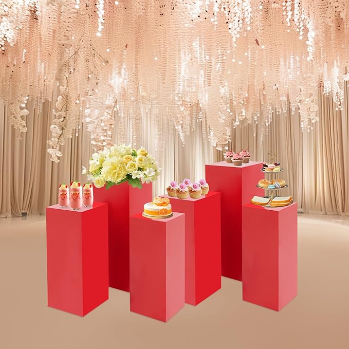 Eapmic Pedestal Stands for Party, Cake Pedestal Stand, Dessert Table Display Plinth Pillars, Sculpture Display Column Decoration Cube for Wedding Birthday (Red, Square-6Pcs(31.49"+25.59"+23.62"))