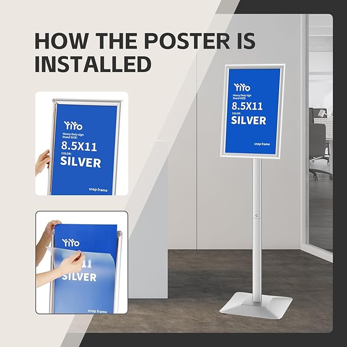 YIYO Sign Stand Poster Stand，adjustable heavy duty pedestal Sign Holder Floor Stand，aluminium frame floor standing for display 8.5*11 inch，Silver (8.5*11 Silver)