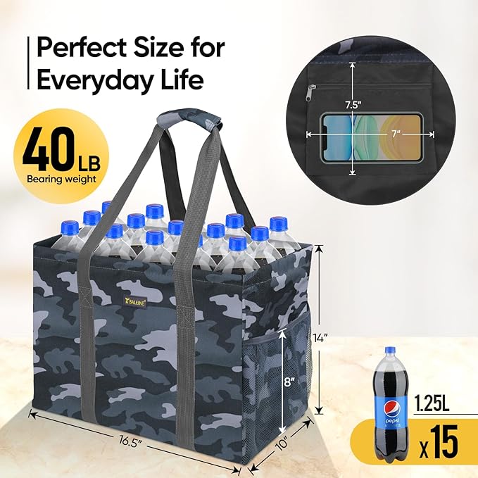 BALEINE Extra Large Utility Tote Bag with Wire Frame for Storage (Grey Camouflage, 16.5''x14''x10'')