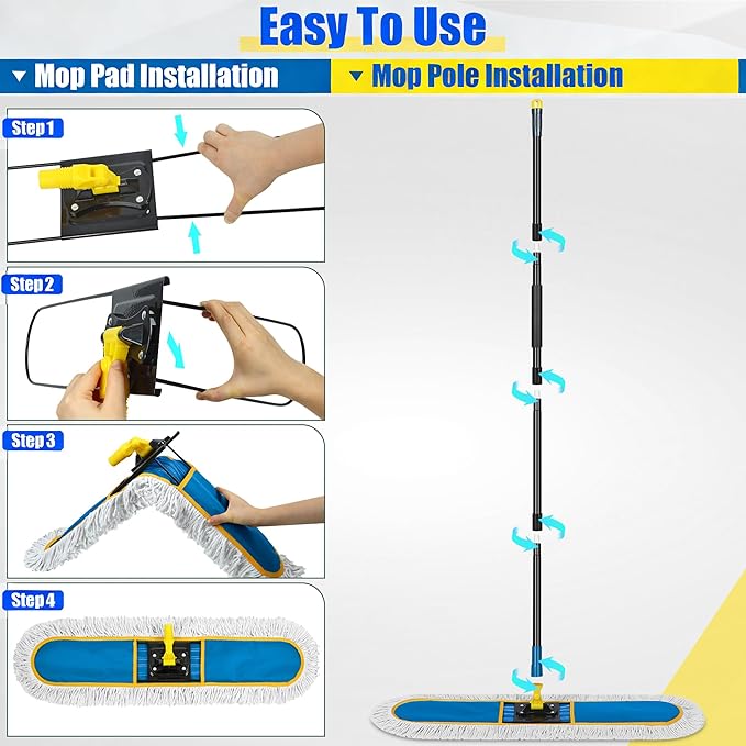 36" Commercial Dust Mop for Floor Cleaning with 2 Cotton Mop Pads, Heavy Duty Industrial Large Floor Duster,Wet Dry Mops for Hardwood Floors,Concrete,Marble, Laminate,Tile,Garage,Blue