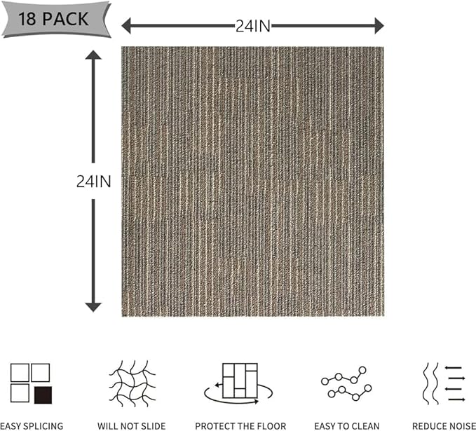 Carpet Tiles 24"x 24" 18PCS Non-Slip Soft Floor Carpet for Office, Bedroom, Living Room, Kitchen, Garage,Easy DIY Installation Seamless Floor Tiles Rug,Beige