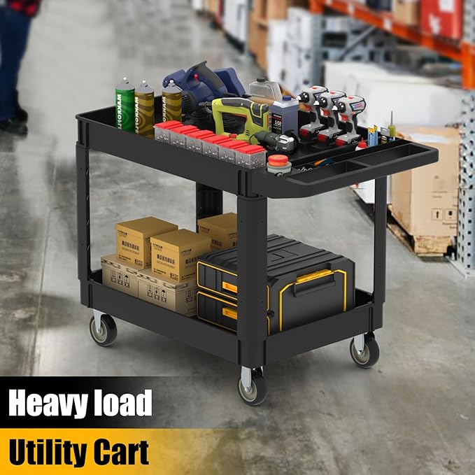 Utility Plastic Tool Cart, 46 x 26-Inch Rolling Service Carts Huge Storage W/Deep 2-Shelf Heavy Duty Cart with Wheels, 1000 lbs Capacity Organizer for Garage, Warehouse, Workshop, Black