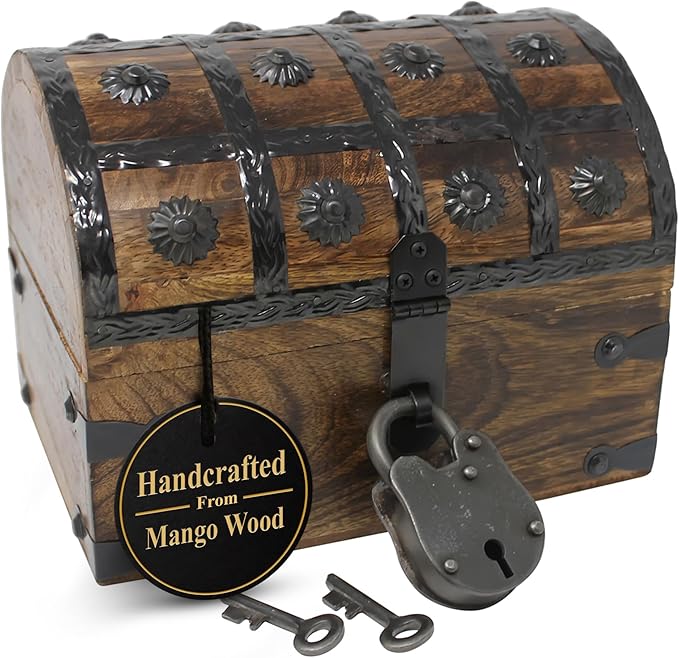 Nautical Cove Handmade Pirate Treasure Chest for Kids Prizes & Classroom with Lock and Skeleton Keys – Lockable Wooden Storage Chest Box, Pirate Decor, Decorative Wooden Box - Small 8x6x6