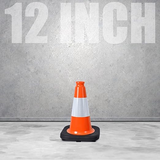Fluorescent Orange/Green PVC Traffic Cones, Heavy Black Base Parking Lot Cone Structurally Stable Weatherproof Road Construction Safety Cones (4, Orange, 12" Small)