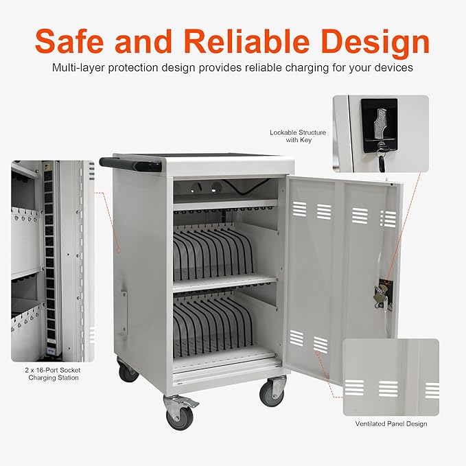 Laptop Charging Cart,32 Devices Tablet Storage Carts for Pad Up to 16.3" Screen Size, Classroom Computer Mobile Charging Station for Pads,Chromebooks,Laptops,Security Storage (30+2 Bay-White)