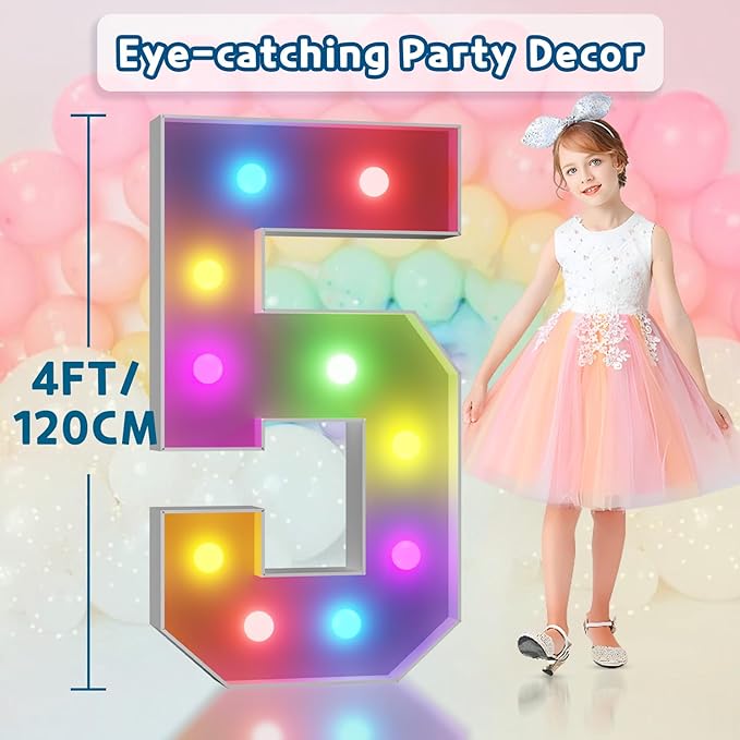 imprsv 4FT Colorful Marquee Numbers,18 Colors with Remote, Light Up Numbers 5 for 15th 50th Birthday Decorations Anniversary Party Decor, Pre-Cut Foam Board Kit, Mosaic Sign for Balloon