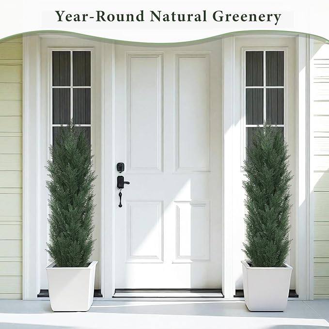 THE BLOOM TIMES 5ft Topiary Trees Artificial Outdoor Set of 2, UV Resistant Faux Cedar Pine Cypress Bushes & Shrubs, Fake Plants for Front Porch Outside Planter Patio Christmas Decor 5 Foot Tall