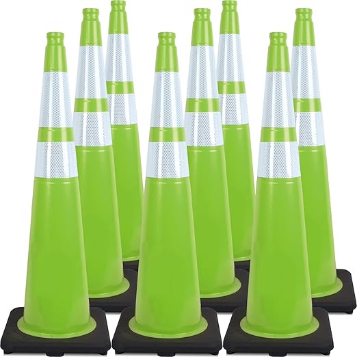 Fluorescent Orange/Green PVC Traffic Cones, Heavy Black Base Parking Lot Cone Structurally Stable Weatherproof Road Construction Safety Cones (8, Green, 36" Extra Large)