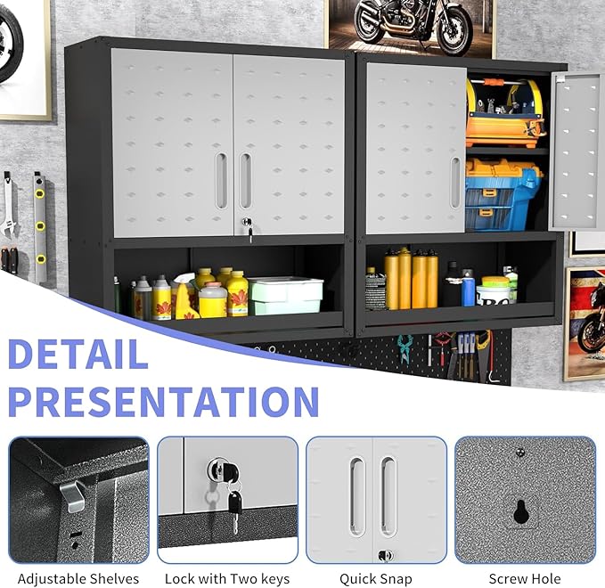 Metal Garage Wall Cabinet with Lock, Wall Mounted Metal Storage Cabinets with Doors and Shelf, Lockable Floating Tool Storage for Garage Basement Utility Room