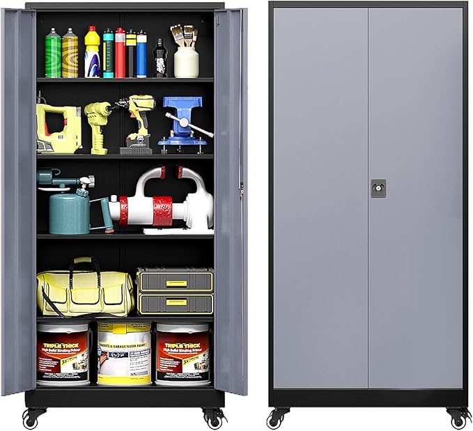 Metal Garage Cabinet with Wheels, Tall Storage Cabinet with 4 Adjustable Shelves and 2 Doors, Lockable Tool Cabinet for Garage Home Office,Gym,School (Black-Gray)