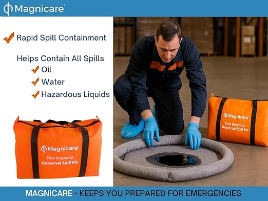 Universal Spill Kit OSHA Approved (4 Pack) - Biohazard Clean up Kit for Oil, Water & Chemicals | Absorbent Pads, Socks, PPE, Biohazard Bags in Bright Orange Duffel Bag - 4 Pack