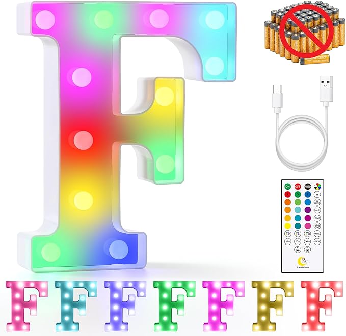 mooncow Rechargeable Light Up Letters,Colorful Marquee Letters with Remote,Gift Wrap Gifts,Bedroom Home Bar Party Decor (F)