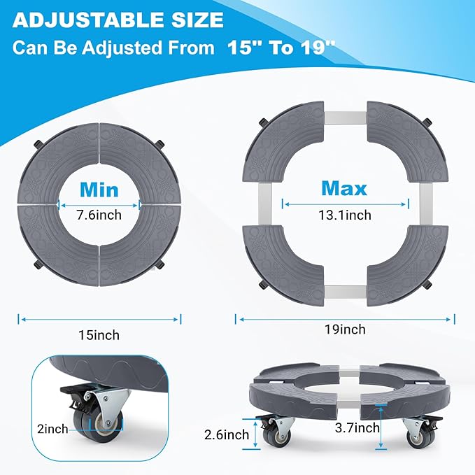 Trash Can Dolly Wheels, Adjustable 15-19 Inch Round Roller with Locking Wheels 440 LBS Heavy Duty Drum Cart Multi Function Rolling Dollies Stand Plant Caddy(2 Packs, Grey)