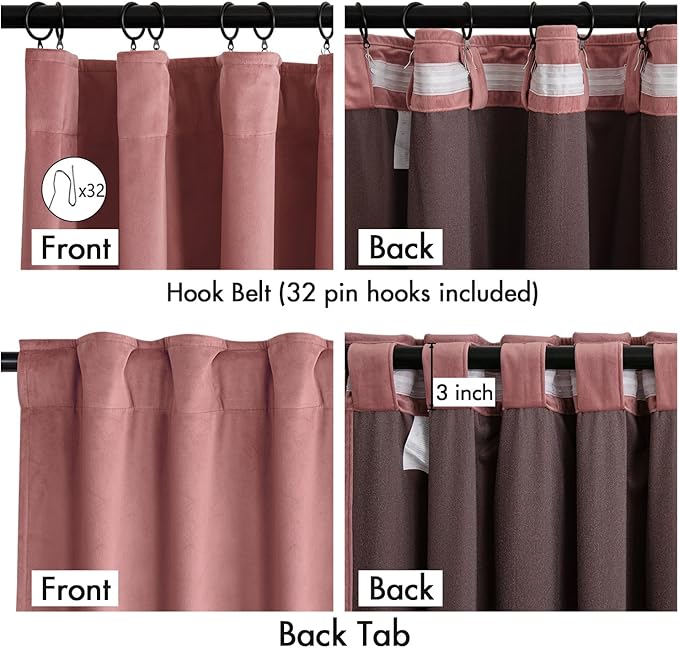 MIULEE Velvet Curtains 108 Inches Length 2 Panels Set for Bedroom, Pinch Pleat Back Tab Luxury Thermal Insulated Pink Living Room Darkening Pleated Blackout Extra Long Curtains with Hooks, Dusty Rose