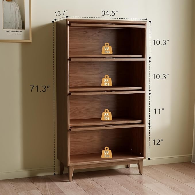 Solid Wood 4 Tier Bookcase with Tempered Glass Doors, Elegant Wooden Book Shelf with Doors 60H/32w/14 inch Log Khaki, Luxury Antique Bookcase Artwork Book Shelves/case for Home Office