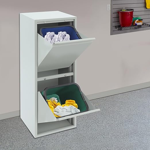 Recycling Trash Cabinet with 2 Bins & Tilt-Out Door – 15-Gallon Stainless Steel Organizer for Kitchen, Garage – Dual Waste Sorting System for Homeowners (Grey)