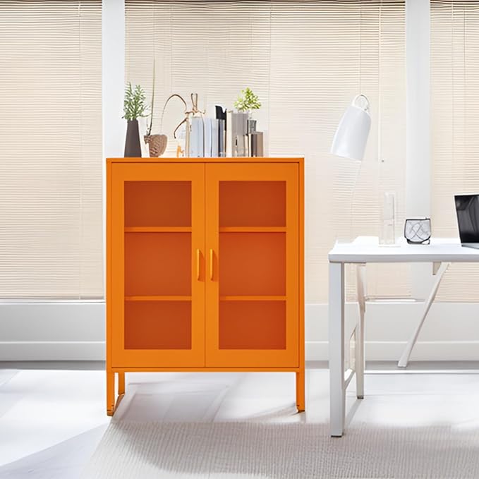 Metal Storage Cabinet with Mesh Doors,Steel Display Cabinet with Adjustable Shelves,Metal Office Storage Locker for Home Office,Garage (Orange, 40''H)