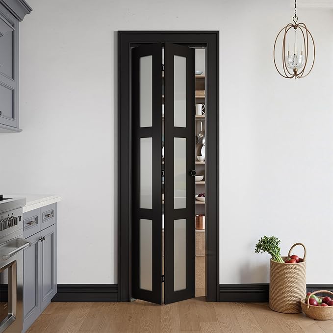 Bifold Doors for 28" x 80" Opening, 3-lite Tempered Frosted Glass Closet Folding Doors with Hardware kit Included, Easy Assembly, Black
