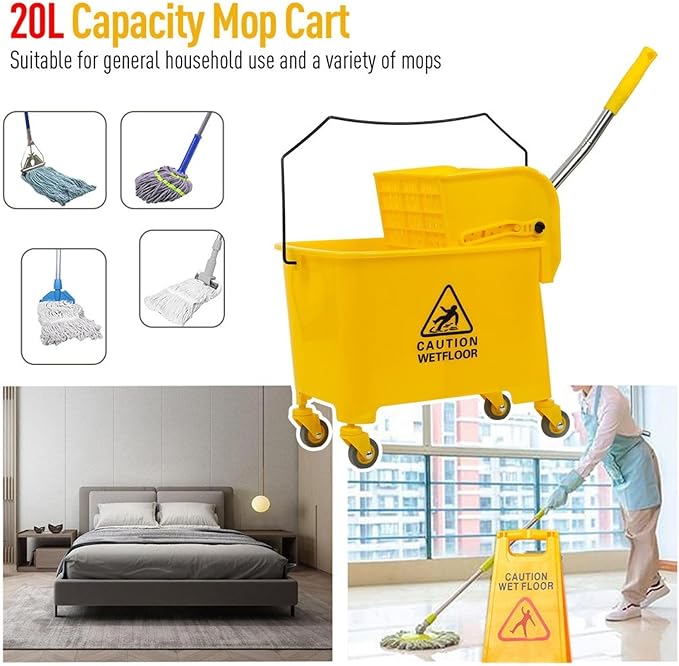 Commercial Mop Bucket with Wheels,20L Side Press Wringer and Handle Holder,Combo Cart Set for Home Office Floor Cleaning