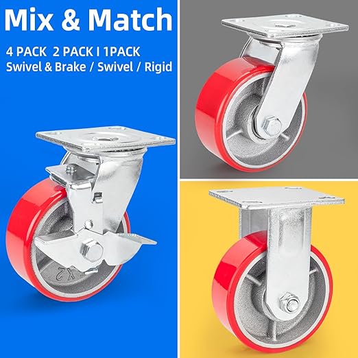 Nefish 5 Inch Industrial Casters Wheels, Heavy Duty Casters 2 Pack, No Noise Polyurethane Wheel on Steel Hub, 1000 Lbs Load Capacity Per Swivel Casters with Brake for Dollies, Platform Trucks