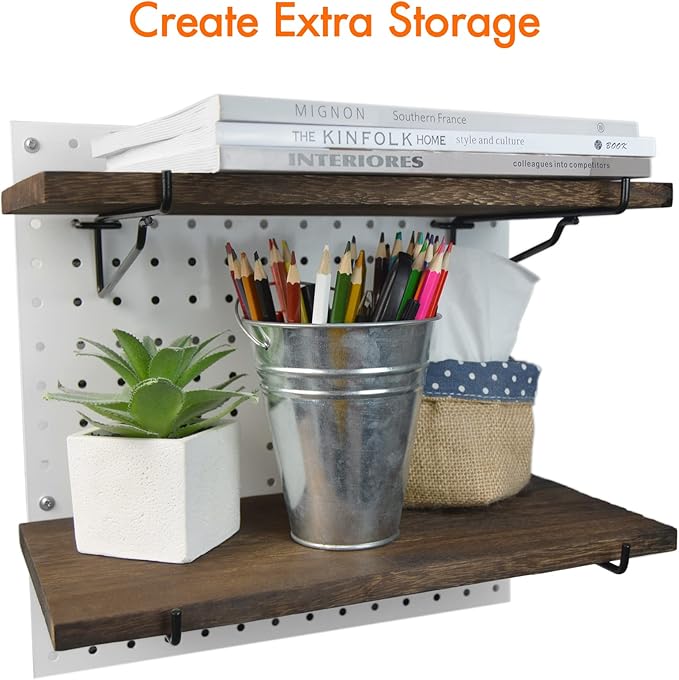 G.CORE 2 Pack Wooden Pegboard Shelves with Brackets, Peg Board Shelf Hooks Assortment Organizer Accessory, Various Tools Storage Arrange System Kit, for Garage Craft Workshop Workbench Hobby Office