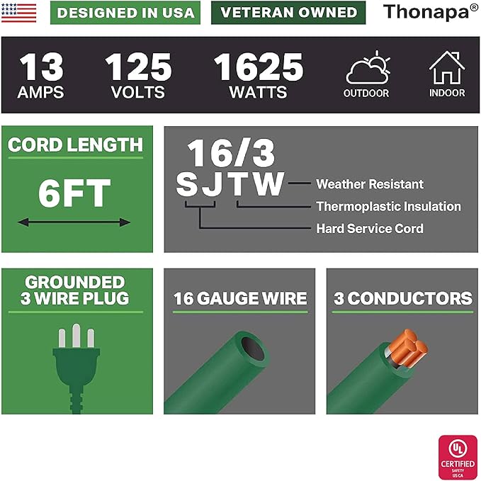 13 Amp Outdoor Extension Cord 6 ft, 16/3 SJTW 6ft Green Extension Cord 3 Prong, Weatherproof for Outdoor Lights, Landscaping & Lawn - US Veteran Owned
