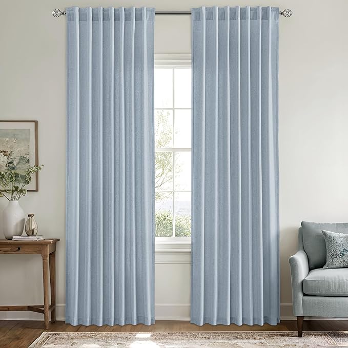 MIULEE Non-See-Through Privacy Linen Curtains 2 Panels, Chambray Blue Light Filtering Window Curtains Farn House Textured Back Tab Semi Sheer Drapes for Bedroom Living Room 84 Inches Long Light Blue