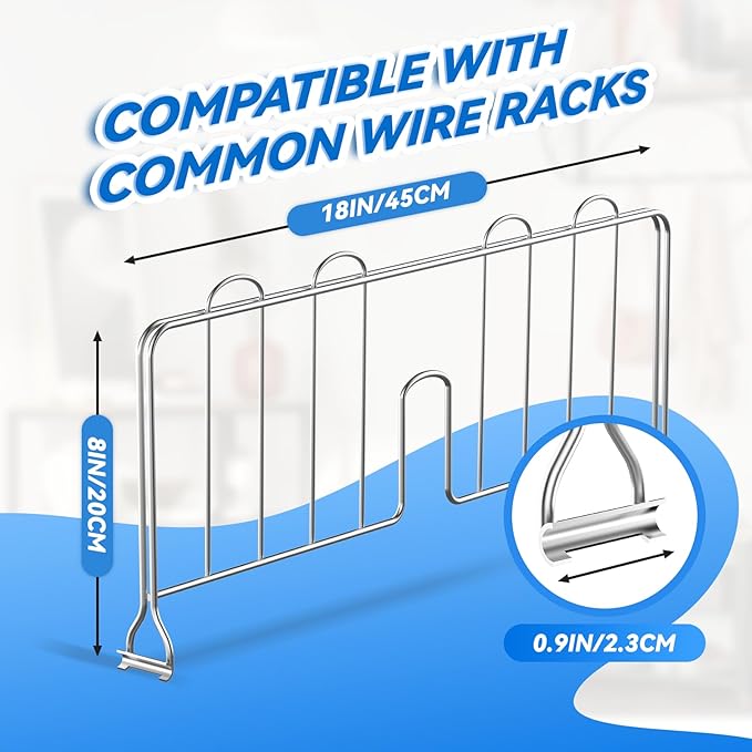 6 Pcs 18" W x 8" H Chrome Plated Steel Wire Shelf Divider, No Tool Metal Shelf Dividers for Wire Shelves for Kitchen, Bathroom, Pantry, Office Storage, Silver