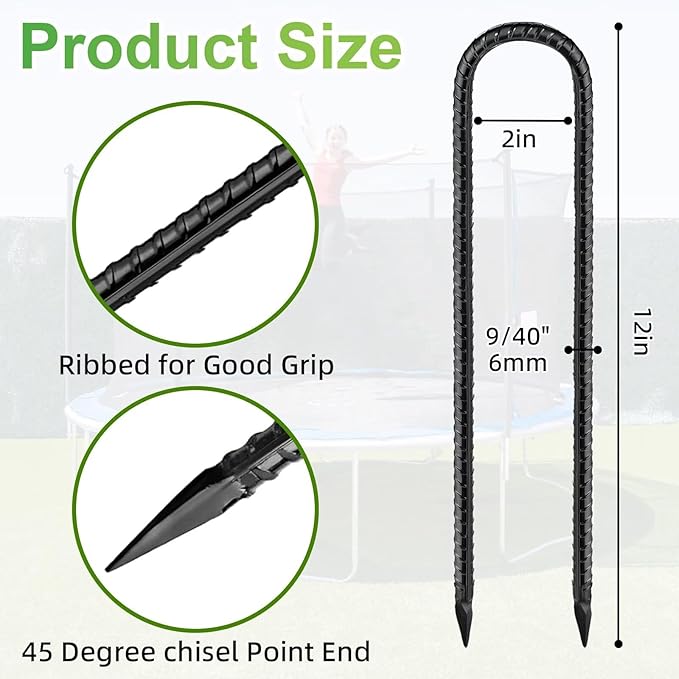 Rebar U Stakes 12 Inch - 4 Pack Black Galvanized Steel Heavy Duty Ground Anchors for Trampoline,Tent,Tarp,Soccer Goal,Garden Stake & Yard Art