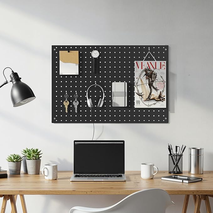 Peg Board, 2 Pack Metal Pegboard Panels Black Pegboards Wall Organizer with Frame Large Heavy Duty Peg Board with Hooks for Walls Home,Garage Tool Storage,Office Organization,Kitchen 24”×16”