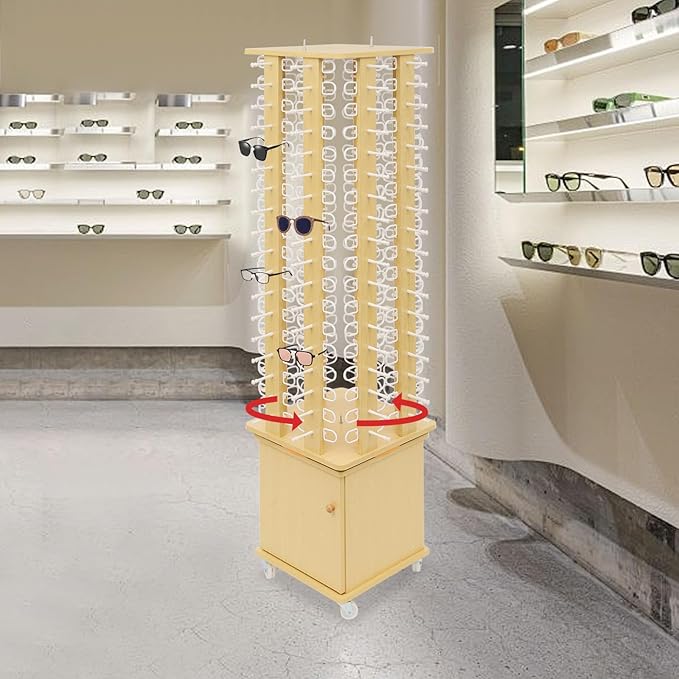 Sunglasses Display Stand, 144 Pairs Wooden 360° Rotating Sunglass Eyeglass Holder Organizer, Glasses Hanger Storage Rack for Retail Commercial Display, W14.6*H66.1in (Wood Color)