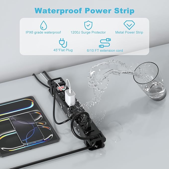 IPX6 Outdoor Power Strip Weatherproof,6 Outlet Metal Surge Protector Wall Mountable for Camping,Garden & Home,Heavy Duty 6FT ETL Certified Waterproof Extension Cord