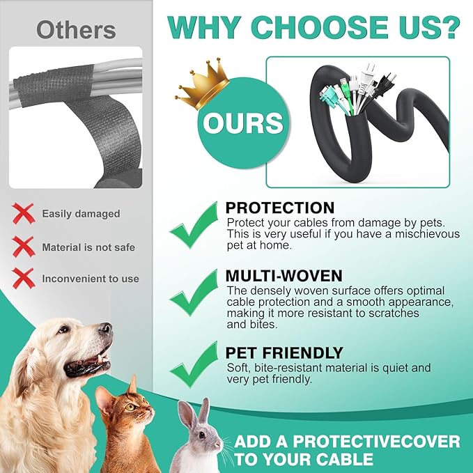 Dog Cat Cord Protector 10ft - 1/2inch, Flexible Cable Sleeve for Easy Cord Management, Protects Cables from Pets Chewing, Ideal for USB, Power, Audio and Video Cords - Black
