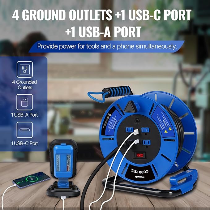 80 FT Retractable Extension Cord Reel, 14AWG Heavy Duty Power Cord with 4 Grounded Outlets, USB-A & USB-C Ports, 13A 1625W, Portable Hand Crank for Indoor Outdoor Use, ETL Listed U80ACR06
