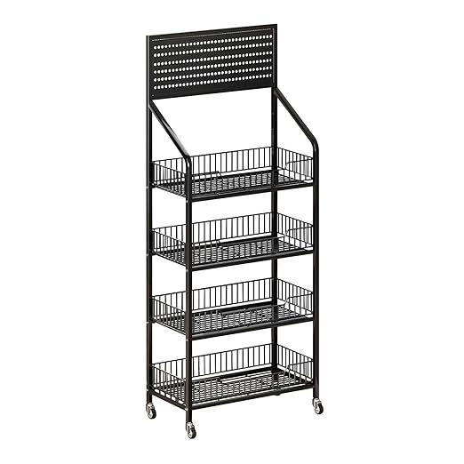4 Tier Supermaket Snack Rack Display Stand, Free-Standing Black Retail Display Shelves with 12 Hooks & 4 Wheels, Large Metal Snack Shelf for Store Business