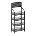 4 Tier Supermaket Snack Rack Display Stand, Free-Standing Black Retail Display Shelves with 12 Hooks & 4 Wheels, Large Metal Snack Shelf for Store Business