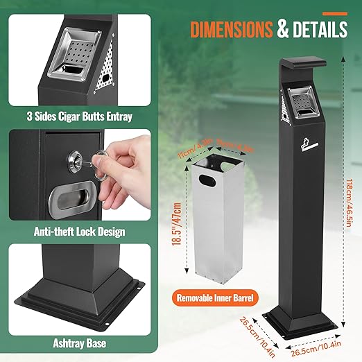 AIWFL Commercial Trash Can with Removable Inner Barrel, 3 Openings, All-Metal Construction, Standing Trash Bin for Outside Sidewalks Roadside Hotel Scenic Area