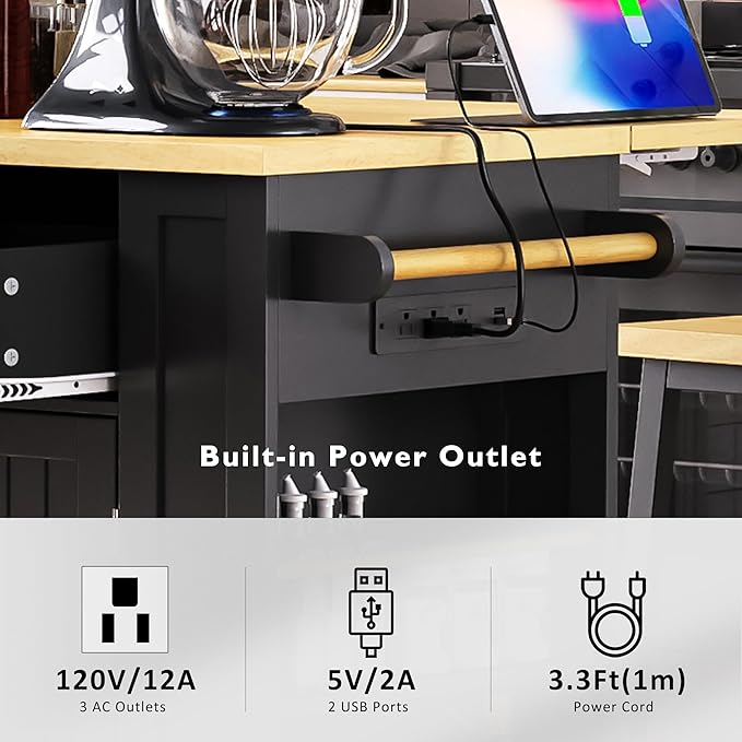 Rolling Kitchen Island with Drop Leaf & Power Outlet, Large Kitchen Islands Cart on Wheels, Movable Kitchen Island with 5 Open Storage Shelves & Towel Rack for Kitchen, Dining Room, 48-Inch, Black