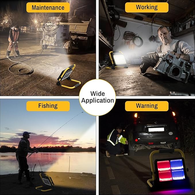 Solar Work Light Rechargeable Spotlight with Stand, MASMEJOR Rechargeable Worklight 12000mAh/ 10000LM/ 336 LEDs/ 4 Lighting Modes, LED Work Light for for Outdoor Camping, Yard, Garage, Hiking