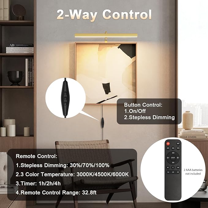Plug in Picture Lights for Wall, 16 inch Dimmable LED Art Light with Remote, 3 Colour Temperature Gallery Painting Wall Light for Picture Display Dartboard Art Work (Gold)