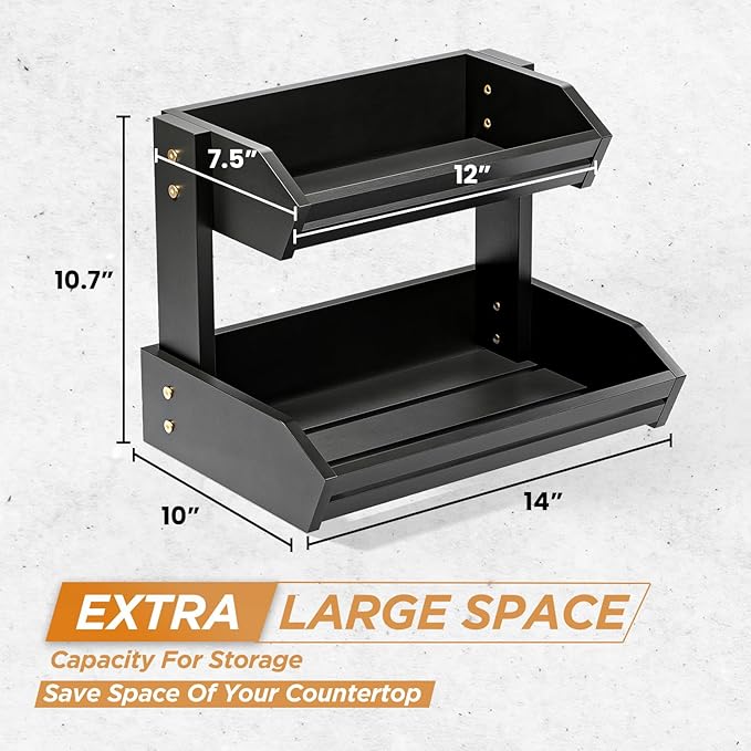 HOLANA Acacia 2 Tier Fruit Basket for Kitchen Counter Organizer – Wooden Fruit Bowl for Kitchen Counter Storage, Wooden Basket for Vegetable & Produce Storage, Snack Organizer for Countertop (Black)