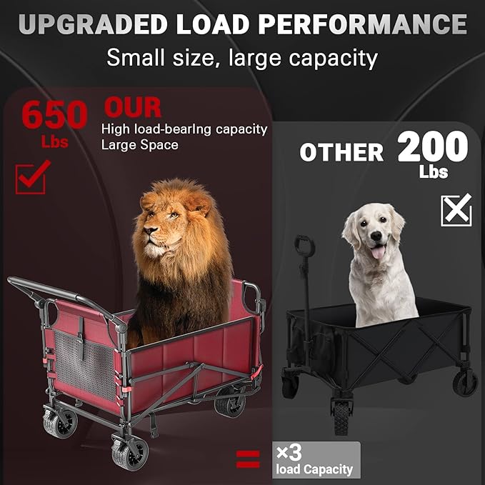 LEVELEVE Heavy Duty Folding Wagon - 2-in-1 Collapsible Cart, 650lb Capacity, All-Terrain Wheels w/Brakes & Side Pockets (Red)
