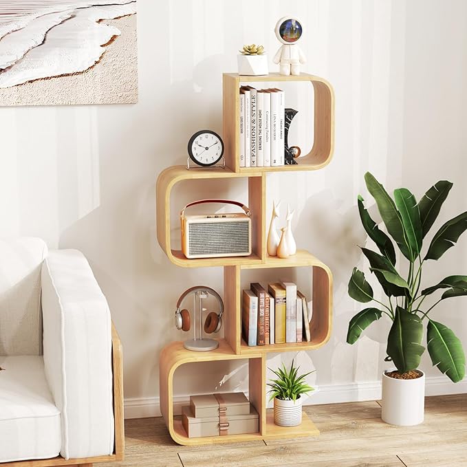 Giantex S-Shaped Bookcase Set of 2, 4-Tier Bamboo Bookshelf with 2 Open Cubes, Geometric Corner Display Shelf, Decorative Storage Organizer, Floor Storage Rack for Living Room, Home Office, Natural