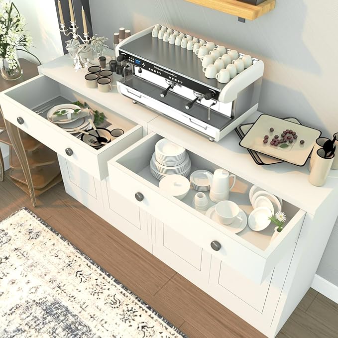 BESFUR Buffet Metal Cabinet with Storage 32”,White Sideboard Farmhouse Storage Cabinet with Adjustable Shelves, 2 Drawer and 4 Doors for Entryway Living Room, Bathroom, Kitchen,Home Office,Apartment