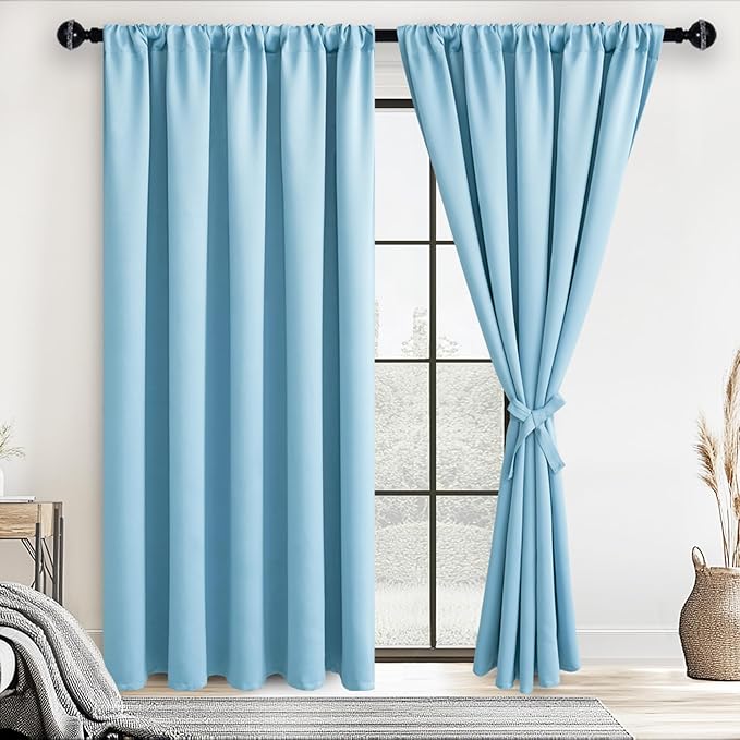 JIUZHEN Blackout Curtains for Bedroom - 70 x 84 Inch Extra Wide Privacy Assured Thermal Insulated Room Darkening Room Divider Curtain Cover for Living Room, Set of 2 Panels with Tiebacks,Light Blue