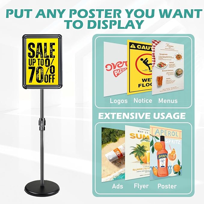 Adjustable Sign Holder Stand for Display, Pedestal Floor Poster Stand Sign Holder 8.5x11 inch, Snap Frame for Vertical and Horizontal View, Standing Sign Holder for Business Mall, Black