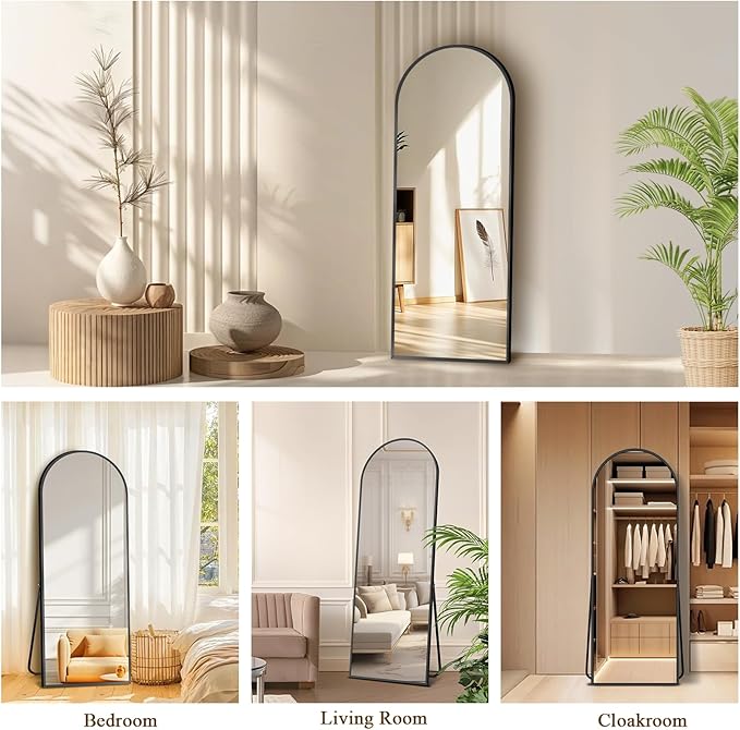 56"x18" Full Length Mirror with Stand, Shatterproof Arched Floor Mirror, Aluminum Alloy Thin Frame - Freestanding/Leaning/Wall Mount for Bedroom, Living Room & Entryway (Black)